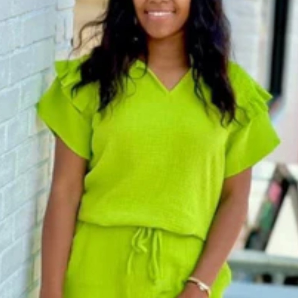 Ivy Jane Lime Green Ruffle Sleeve Smocked Shoulder Top